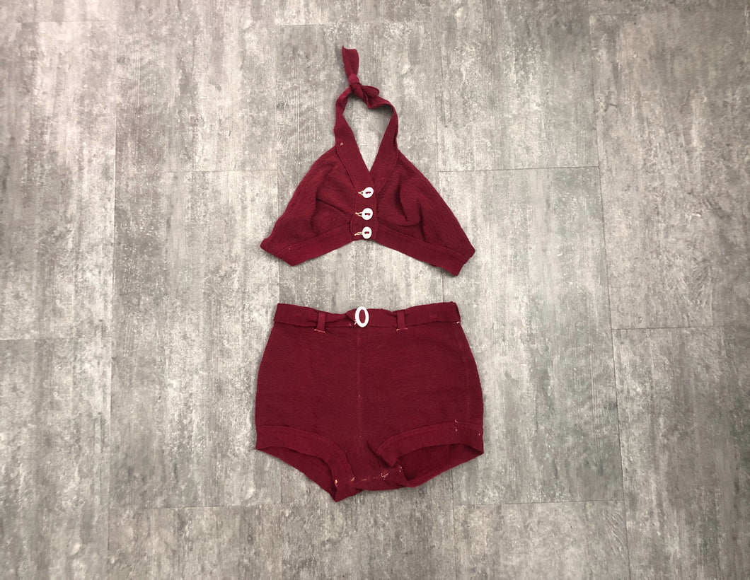 1930s knit two-piece swimsuit . vintage 30s bikini . size s to m
